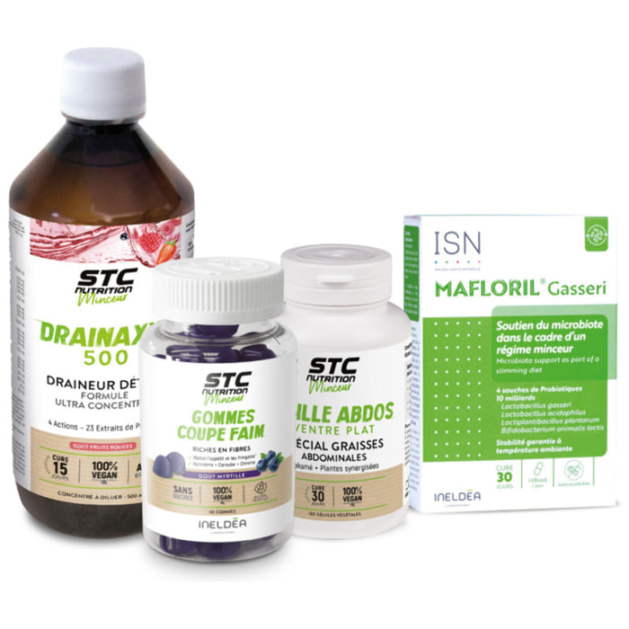 Pack Silhouette Active - Taille Abdos Ventre Plat, Mafloril Gasseri, Gommes Coupe-Faim & Drainaxyl - Minceur, Drainage, Equilibre de la Flore & Confort Abdominal