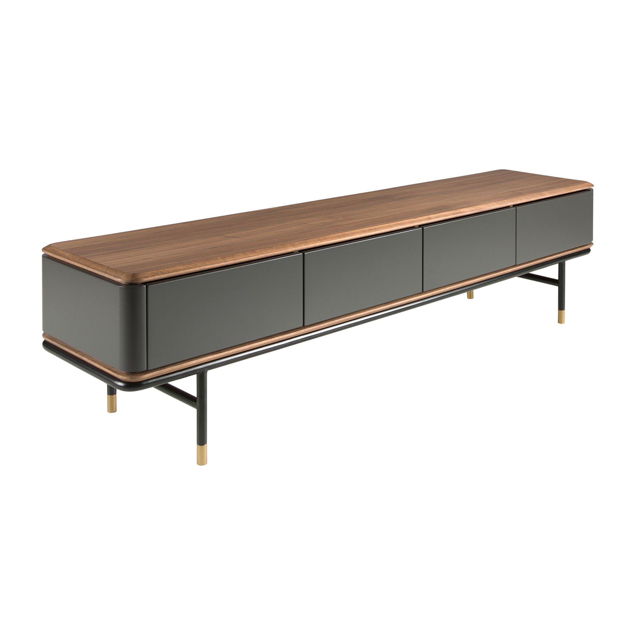 Mueble TV de madera de MDF en gris oscuro mate y patas de acero inoxidable en negro tapa de madera chapada en nogal 200x45x50cm
