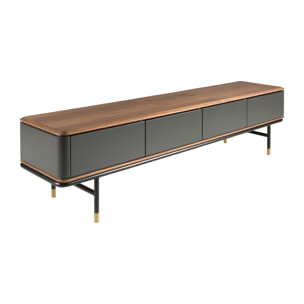 Mueble TV de madera de MDF en gris oscuro mate y patas de acero inoxidable en negro tapa de madera chapada en nogal 200x45x50cm