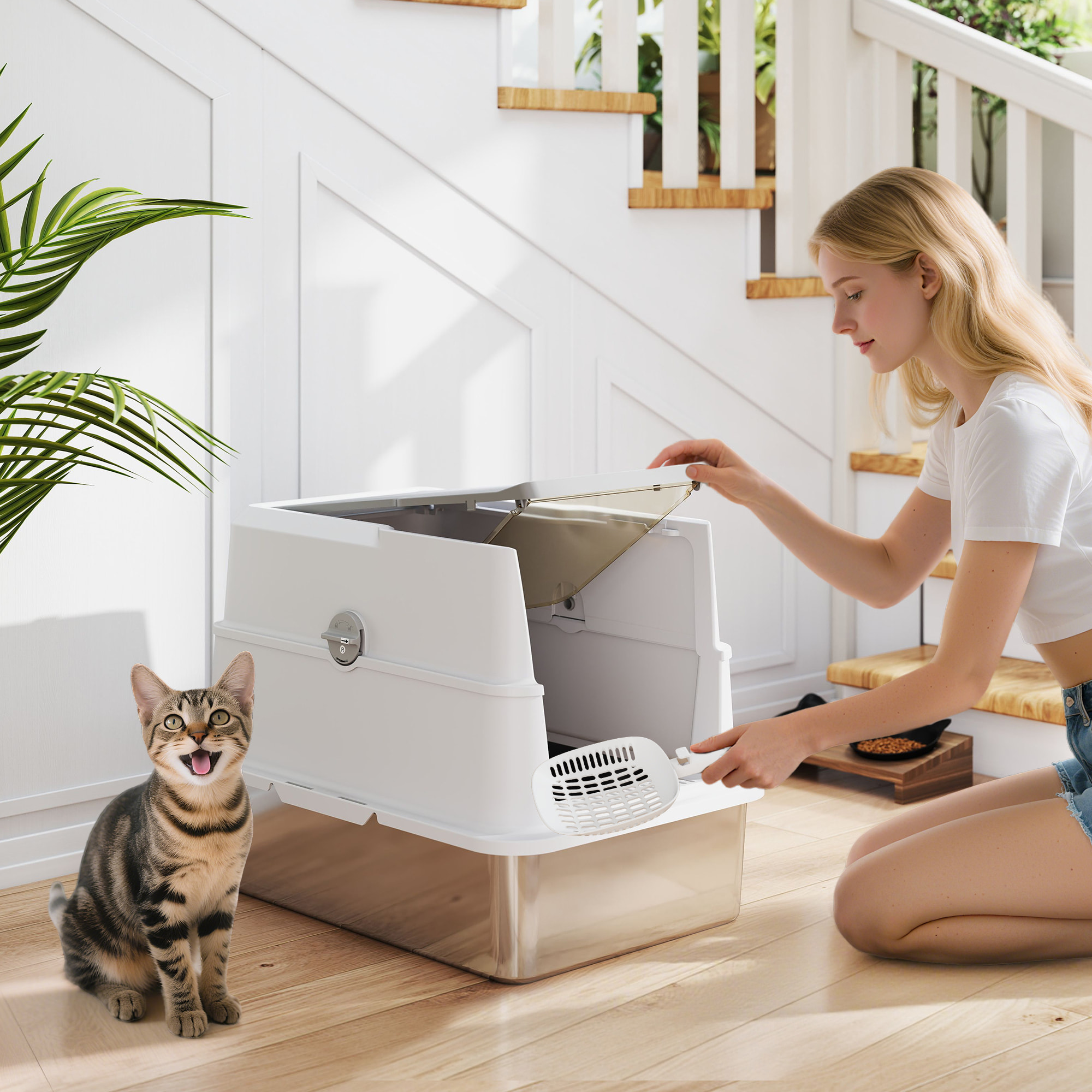 Maison de toilette XL bac litière acier inox porte pelle gris clair