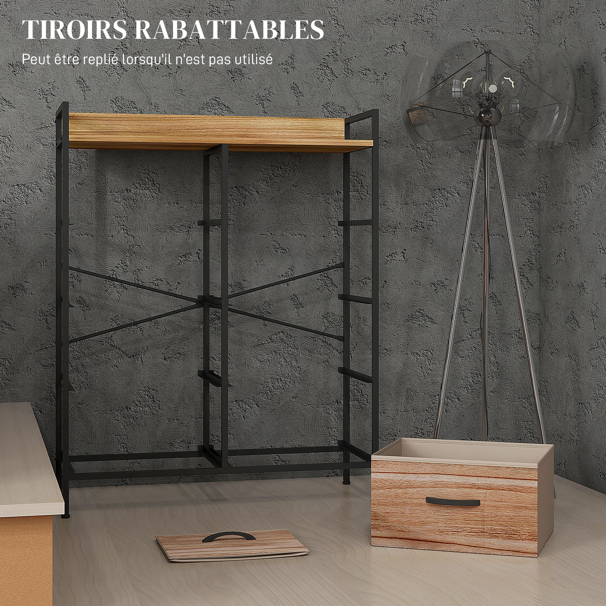 Commode 8 tiroirs et étagère - dim. 79L x 29l x 101H cm - châssis piètement métal noir tiroirs non tissés façades aspect bois