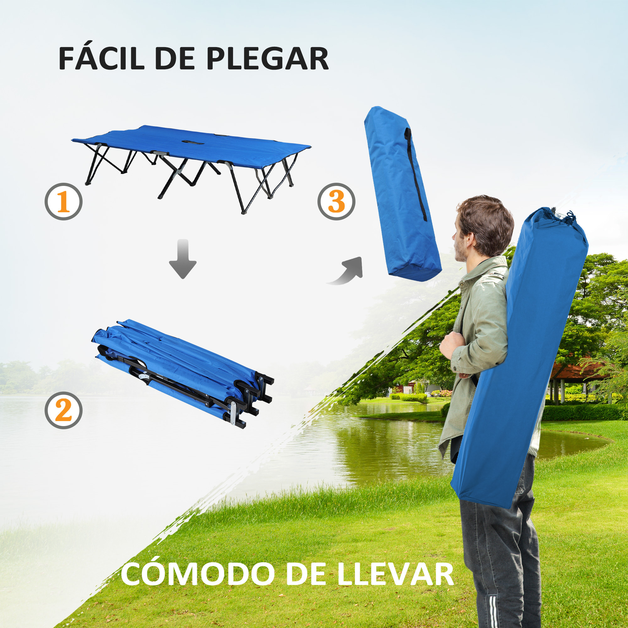 Cama de Camping Plegable Cama de Acampada con Bolsa de Transporte y Marco Metálico Carga 136 kg para Playa Senderismo 193x125x40 cm Azul