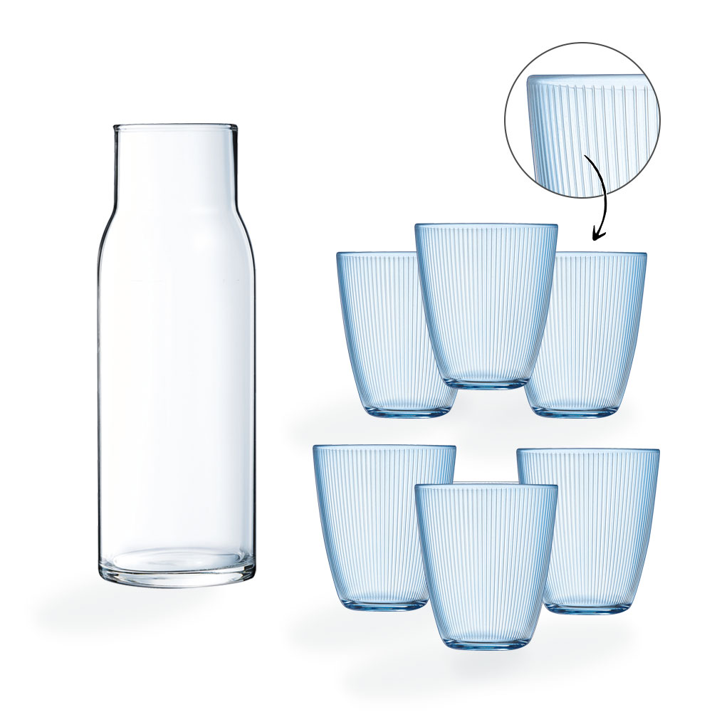 Set di caraffa 1L e 6 bicchieri da acqua blu da 31 cl Stripy