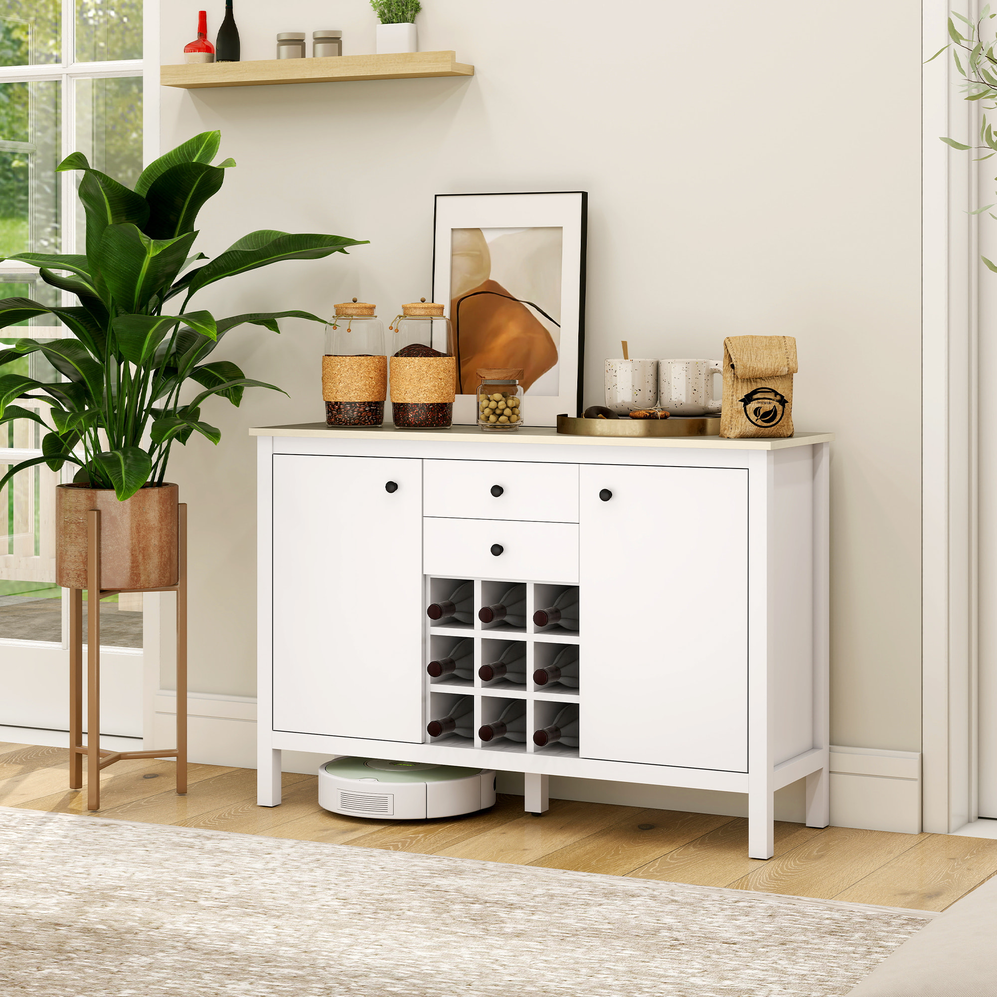 Buffet 2 tiroirs, 2 portes étagères réglables, range-bouteilles 9 max. - blanc bois clair