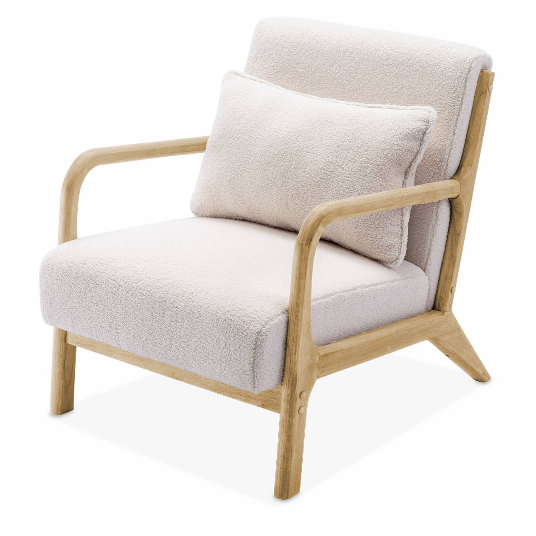 Fauteuil à bouclettes blanches. bois et tissu. 1 place droit fixe. pieds compas scandinave. structure en bois solide. assise confortable