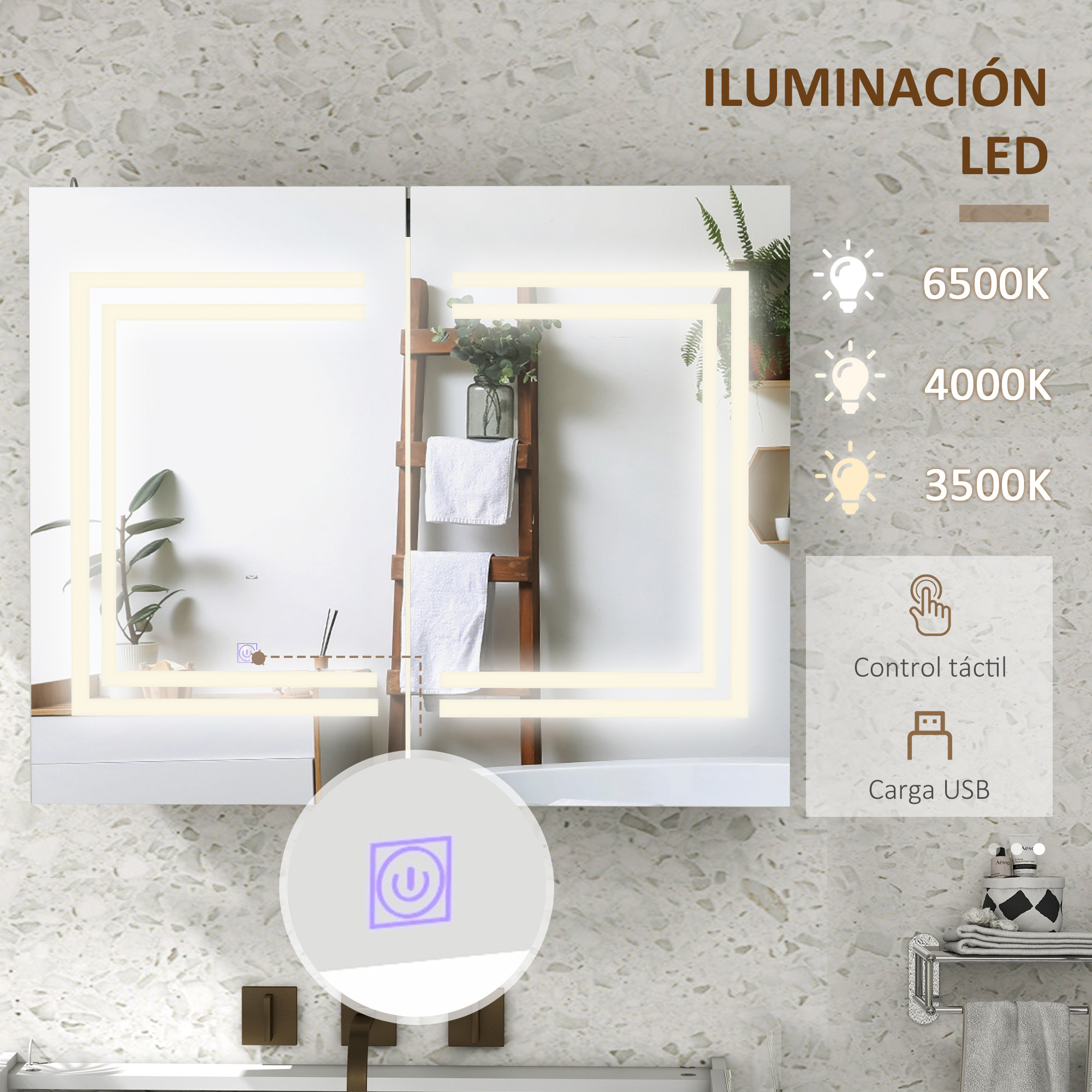 Armario de Baño con Espejo y Luz LED Mueble de Baño Colgante con 2 Puertas Estantes Ajustables Interruptor Táctil y Color de Luz Ajustable 80x15x65 cm Blanco Brillante