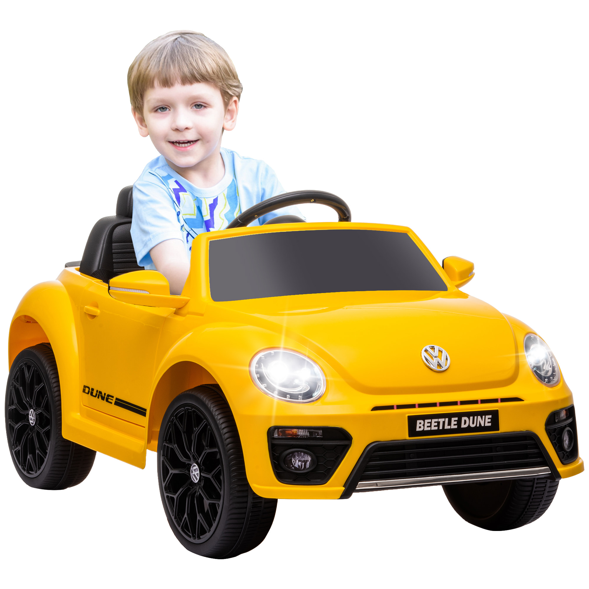 Coche Eléctrico para Niños de +3 Años Volkswagen Beetle Carro Eléctrico Infantil con Batería 12V Mando a Distancia Faros Bocina y Música Amarillo