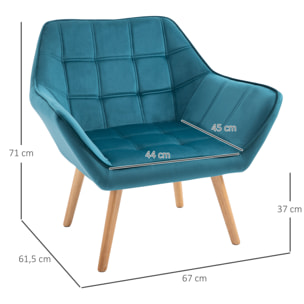 Fauteuil salon design scandinave piètement bois hévéa velours effet capitonné bleu canard