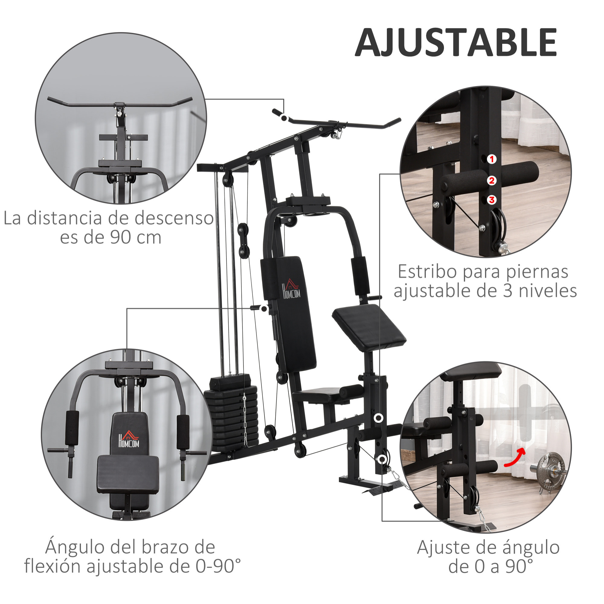 Multiestación Máquina de Musculación con Estribo para Piernas Poleas y Placas de Peso de 45 kg para Entrenamiento Fitness en Hogar Gimnasio 148x108x207 cm Negro