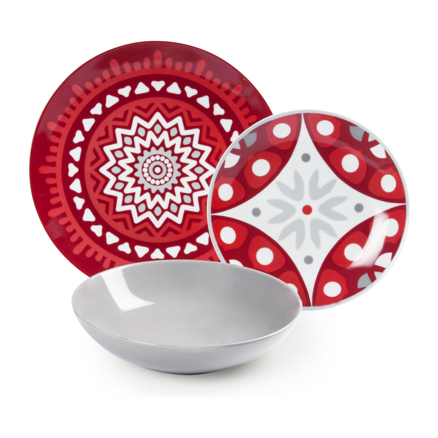 Servizio piatti 18 pezzi Excelsa - Mandala Red, porcellana e stoneware rosso