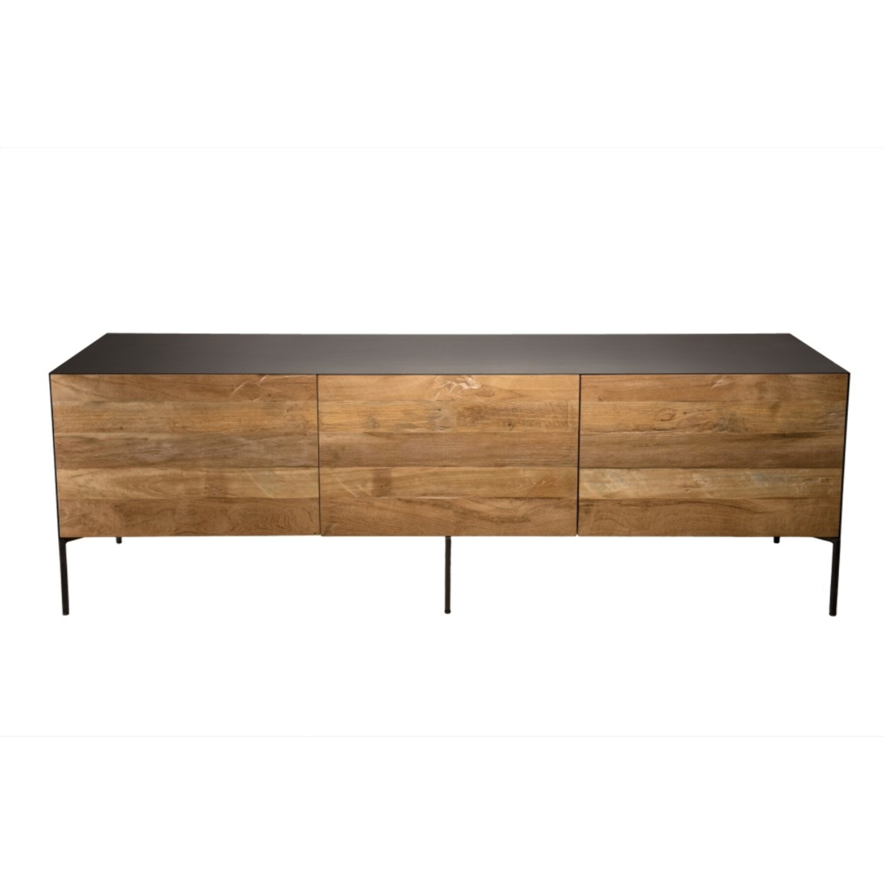 MAXENCE - Meuble TV 2 portes 1 tiroir bois Teck recyclé métal et pieds métal gris anthracite