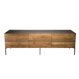 MAXENCE - Meuble TV 2 portes 1 tiroir bois Teck recyclé métal et pieds métal gris anthracite