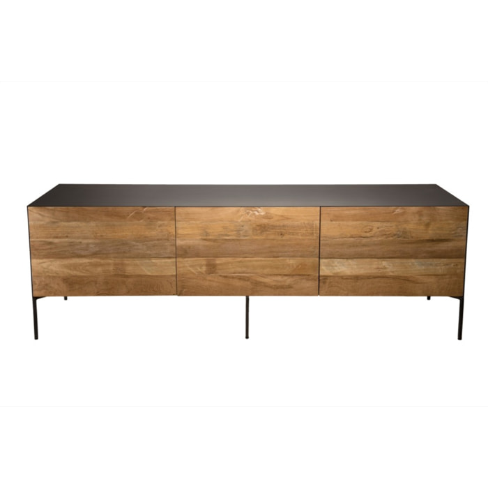 MAXENCE - Meuble TV 2 portes 1 tiroir bois Teck recyclé métal et pieds métal gris anthracite