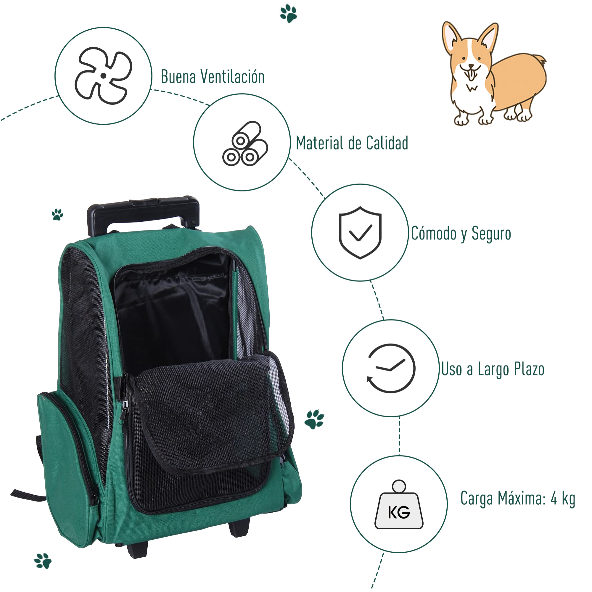 Transportin Carrito Perro de Oxford Acero 35x27x49cm Verde