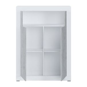 Credenza Alta con 2 Ante Vano A Giorno Madia Soggiorno Cucina Mobile Moderno Multi Spazio e Ripiani Credenza 110x144x42 Cm Bianco e Grigio Cemento