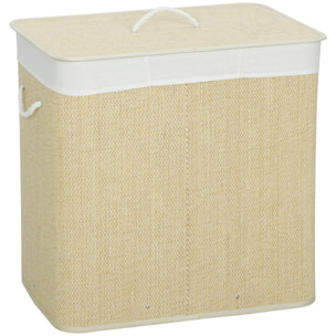 Panier à linge double 144L - corbeille à linge avec couvercle et poignées - tissage bambou écru