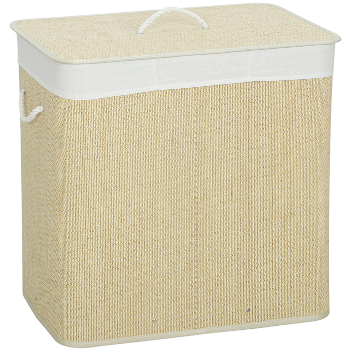 Panier à linge double 144L - corbeille à linge avec couvercle et poignées - tissage bambou écru