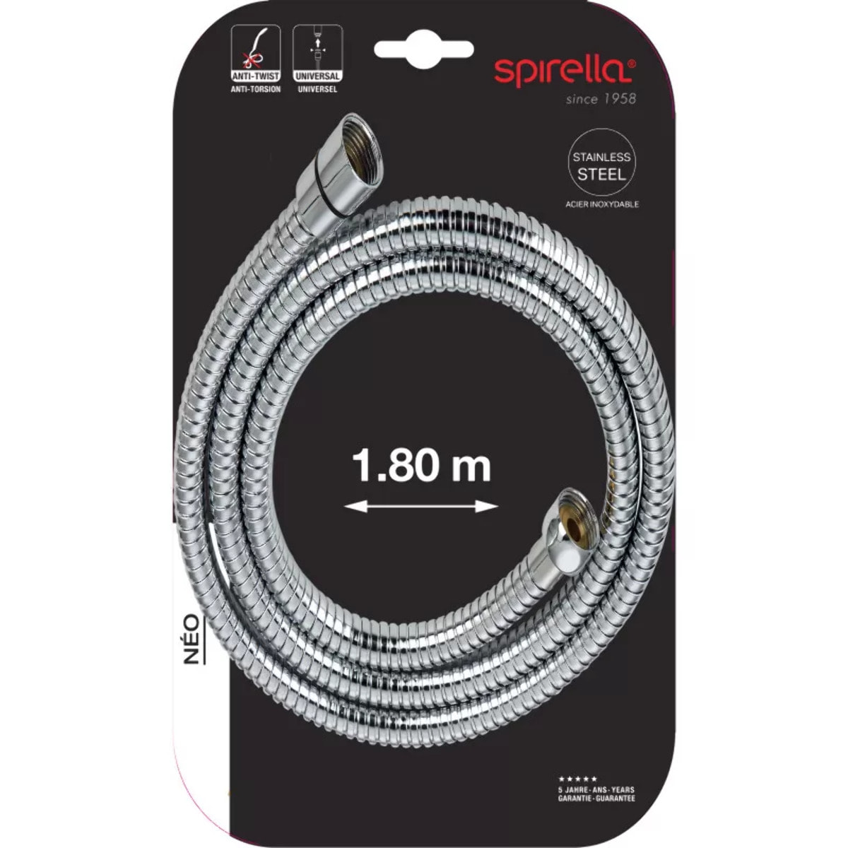 Flexible de douche inox NÉO 1,80 m – Anti-torsion – Connexion universelle F 1/2 – Certification ACS – Chromé Ø 14 mm