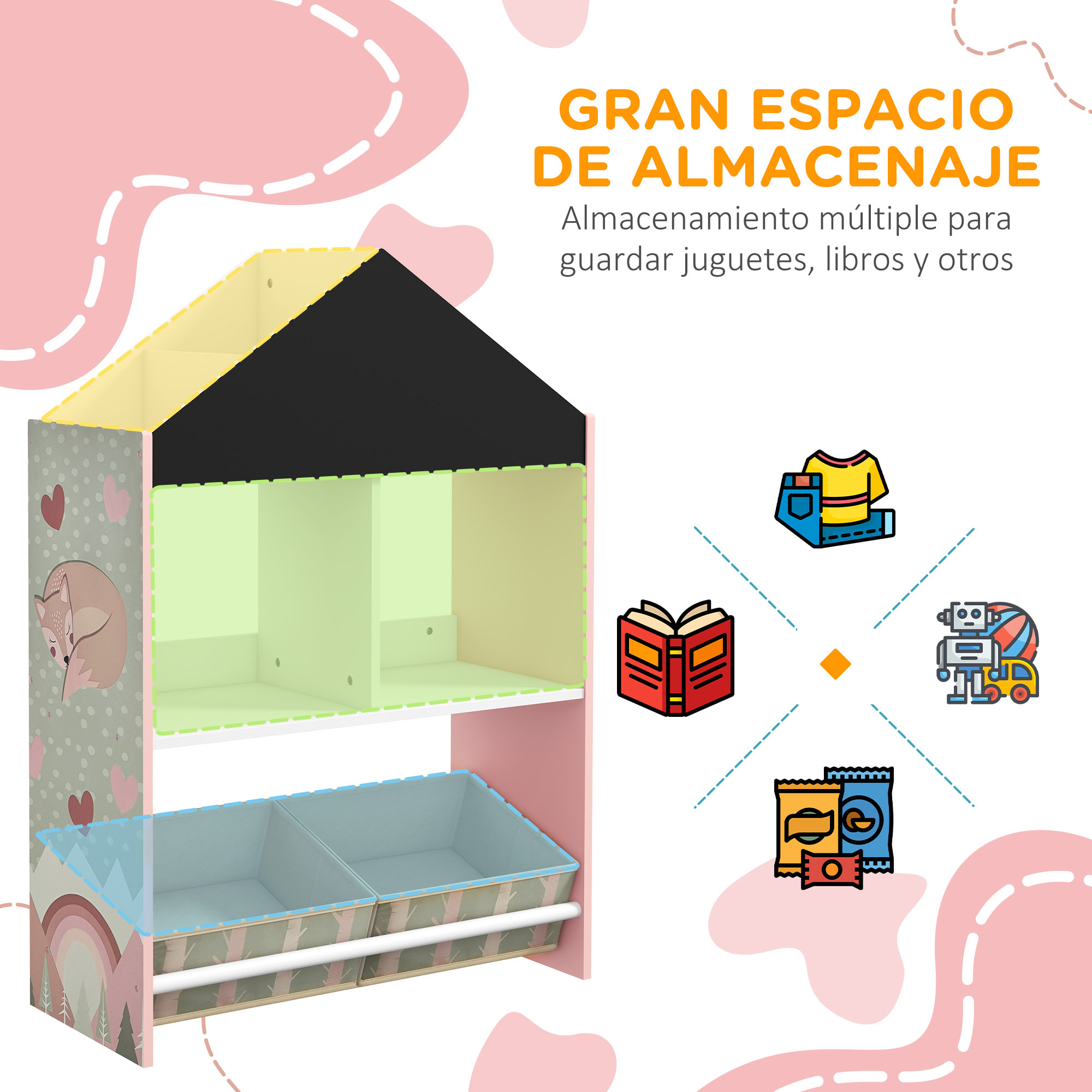 Estantería para Juguetes Organizador Infantil con Estantes Abiertos y 2 Cajas de Tela no Tejida Extraíbles para Sala de Juegos Habitación Guardería 62,4x26,5x90 cm Rosa