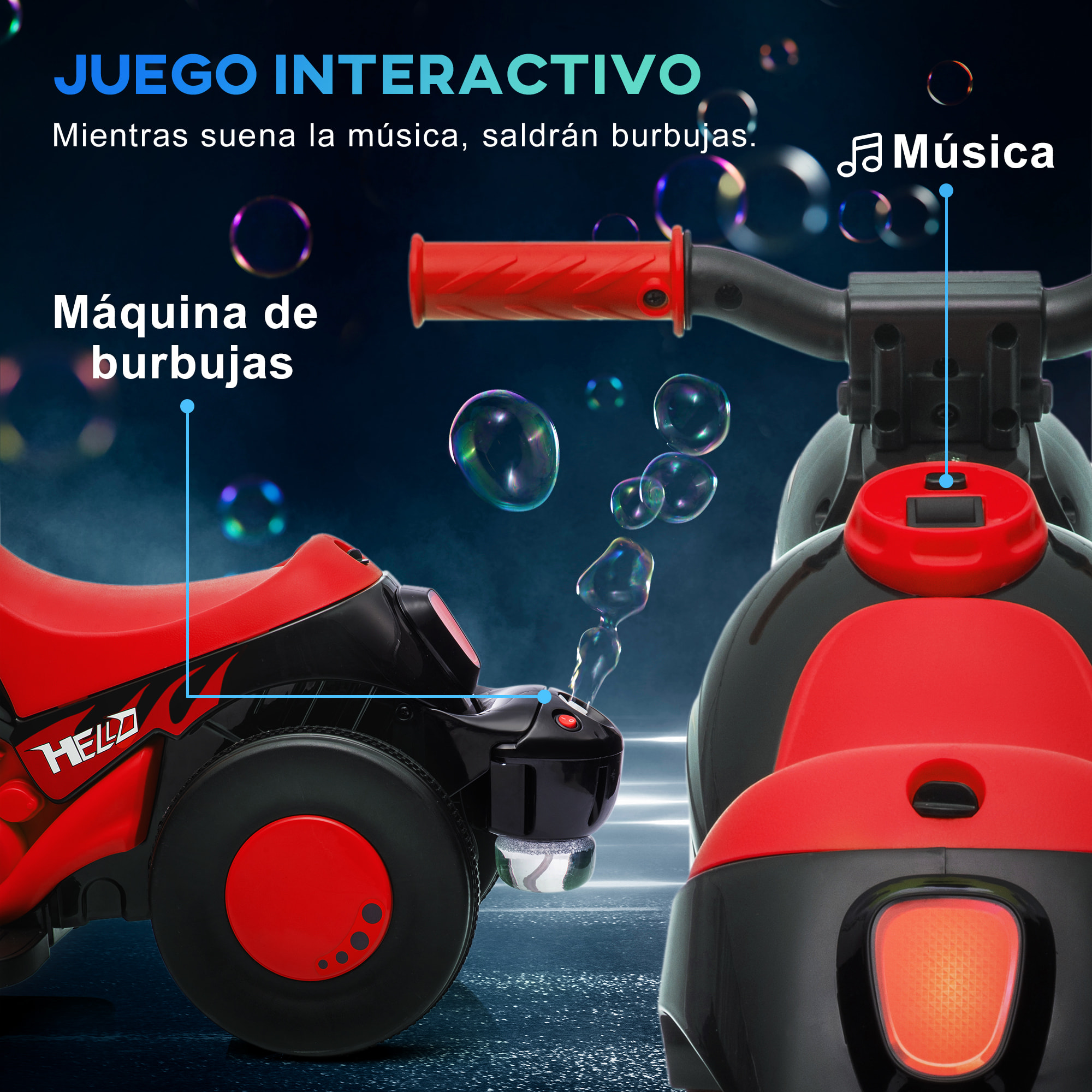 Moto Eléctrica para Niños de +2 Años Moto de Batería para Niños 6V con Función de Soplar Burbujas Faros Música Moto para Niños con Velocidad 3 km/h Carga 30 kg Rojo