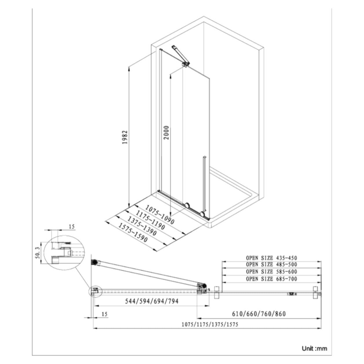 Walk-in paroi de douche à l'italienne 140 cm en verre, noir mat (SIKOWI140CP)