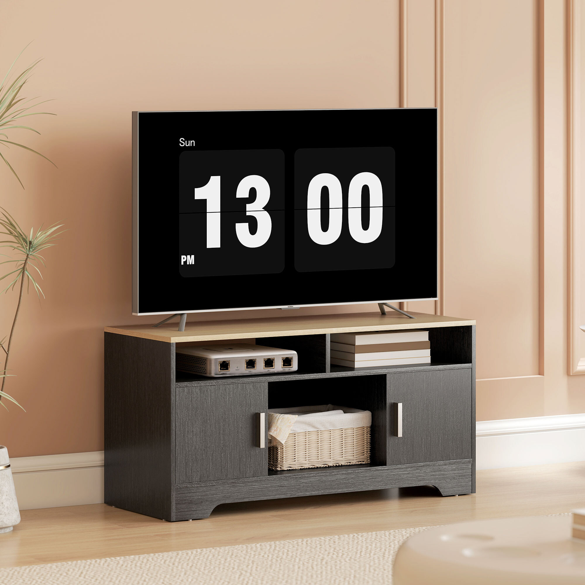 Meuble TV banc TV compact 2 portes 3 niches dim. 105 x 40 x 52 cm effet bois clair noir