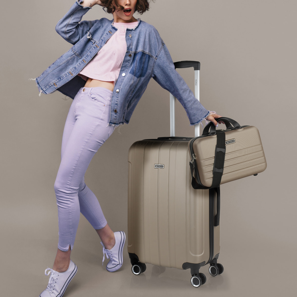 Trolley Mediano 60 Cms  Y Neceser Itaca Diamond Champagne