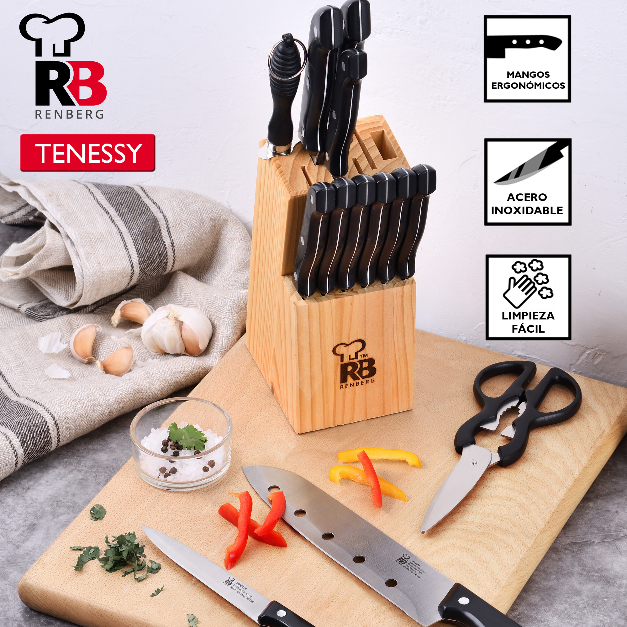 SET DE CUCHILLOS DE 15 PIEZAS CON TACOMA MADERA RENBERG