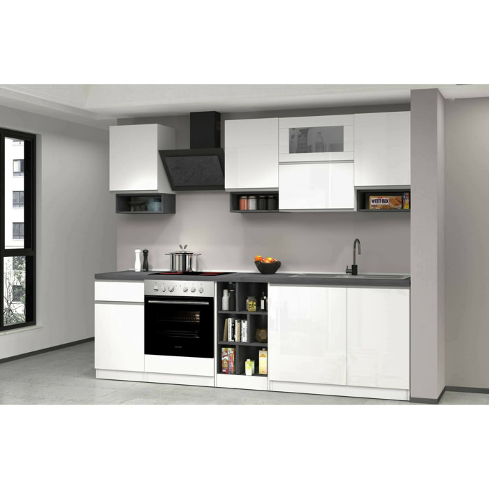 Cucina completa Dceccaron, Cucina pratica e salvaspazio, Parete da cucina con 8 ante e 1 cassetto, 100% Made in Italy, 255x60h85 cm, Bianco lucido e Ardesia