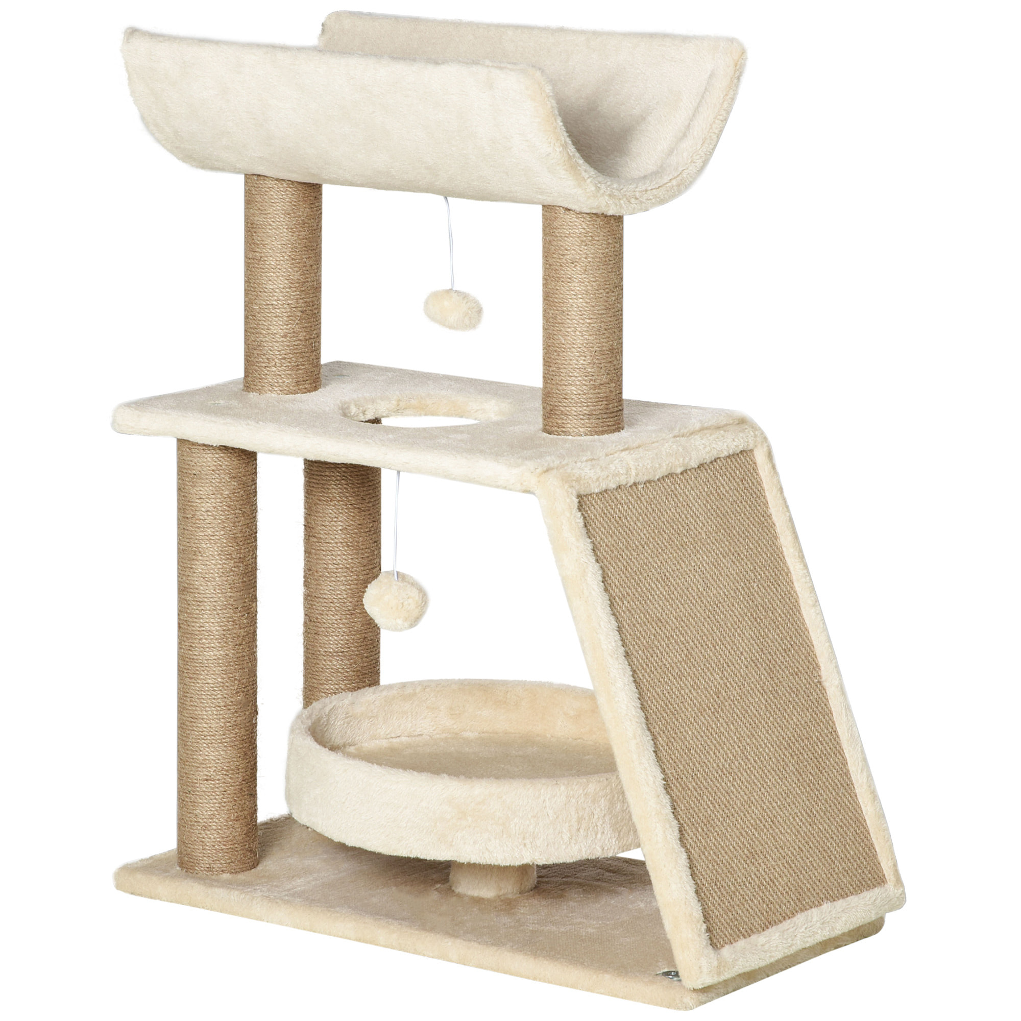 Rascador para Gatos Árbol para Gatos Altura 76 cm con 4 Postes Rascadores Nido Plataforma en U Almohadilla para Rascar Bolas Colgantes Marrón Claro