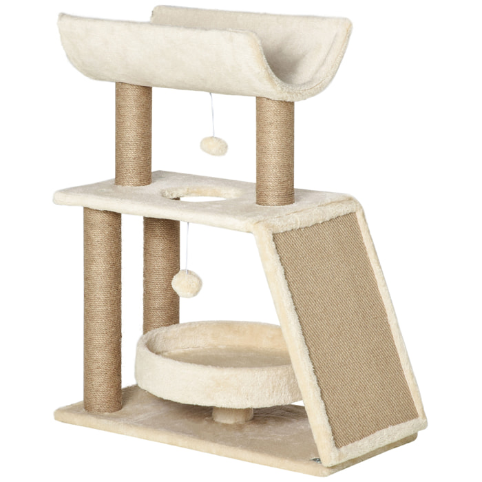 Rascador para Gatos Árbol para Gatos Altura 76 cm con 4 Postes Rascadores Nido Plataforma en U Almohadilla para Rascar Bolas Colgantes Marrón Claro