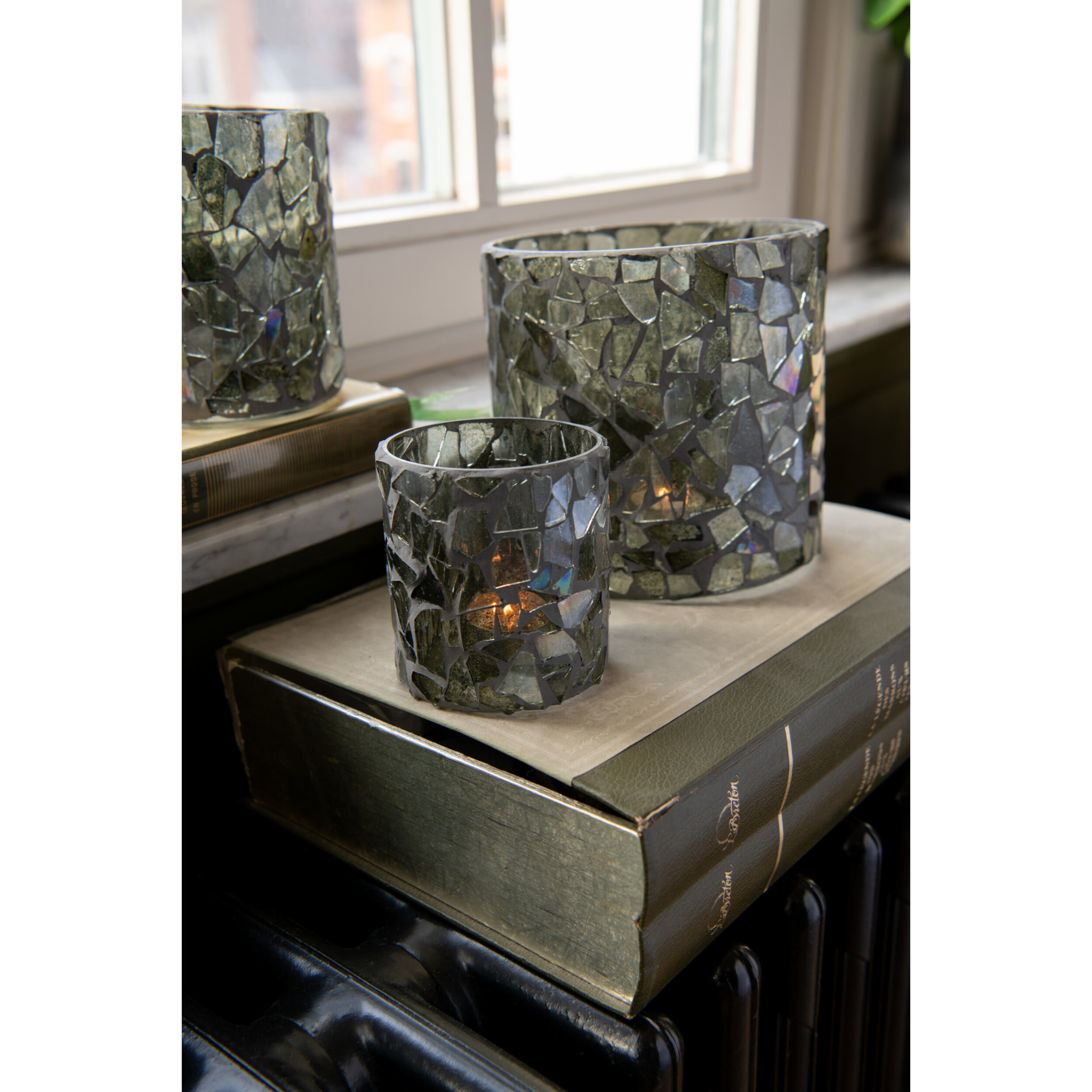 J-Line photophore Mosaïque - verre - gris/vert - small - 2 pcs