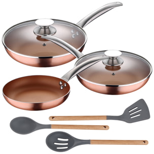 Set 5pc sartenes (con tapa) aluminio prensado inducción con set 3pc utensilios de cocina silicona madera