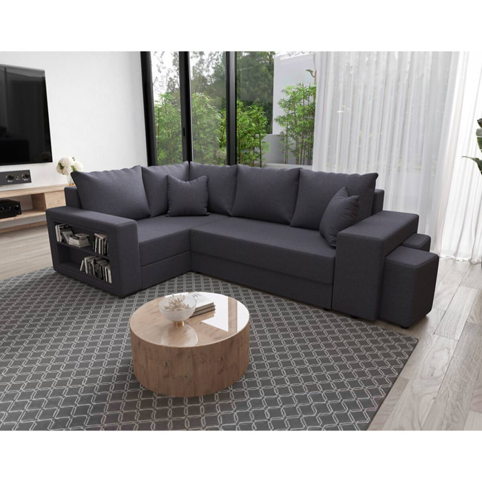 Libbie - Canapé d'angle gauche 4 places convertible avec coffre, étagère et poufs en tissu - Gris foncé