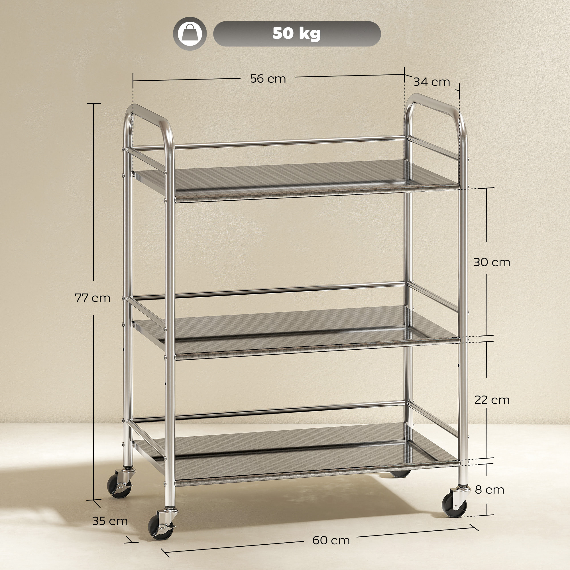Carrito Auxiliar con Ruedas de Acero Inoxidable, Carro de Servicio de 3 Niveles con Estante Ajustable, 2 Ruedas con Freno, Carrito para Cocina, Restaurante, Hotel, 60x35x77 cm, Plata