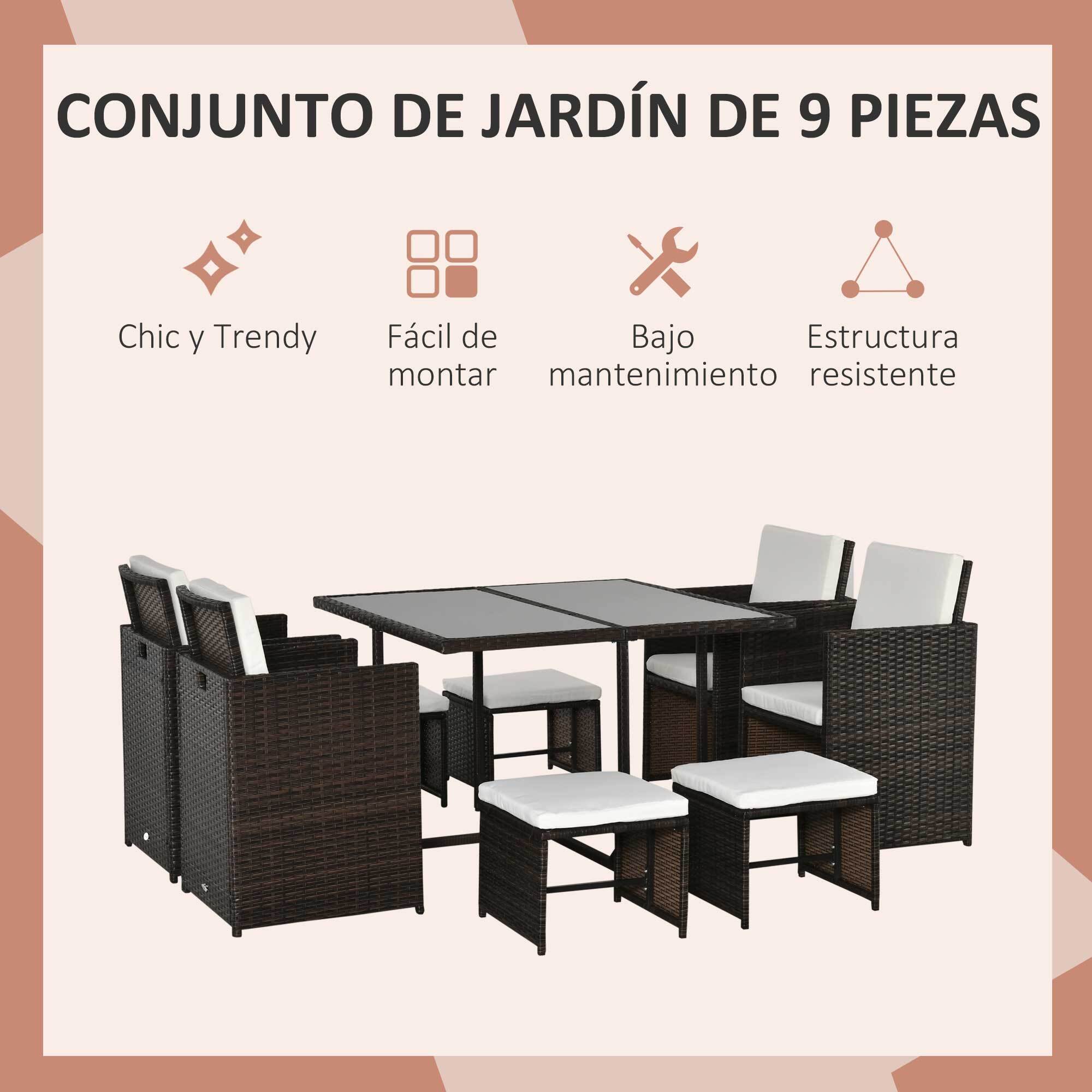 Conjunto de Muebles Jardín Comedor Apilable 9 Piezas de Ratán con Cojines Marrón