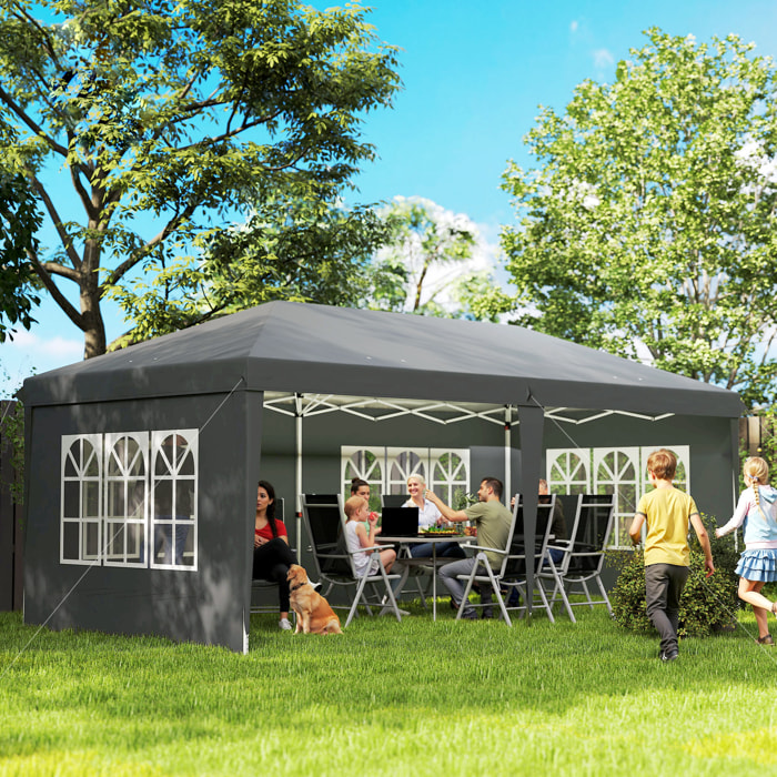 Carpa Plegable 6x3 m, Pop-up, con 4 Laterales Desmontables, Cenador de Jardín con 4 Ventanas Visibles y Bolsa de Transporte, Impermeable, Anti-UV, Gazebo para Camping, Fiestas, Exterior Gris