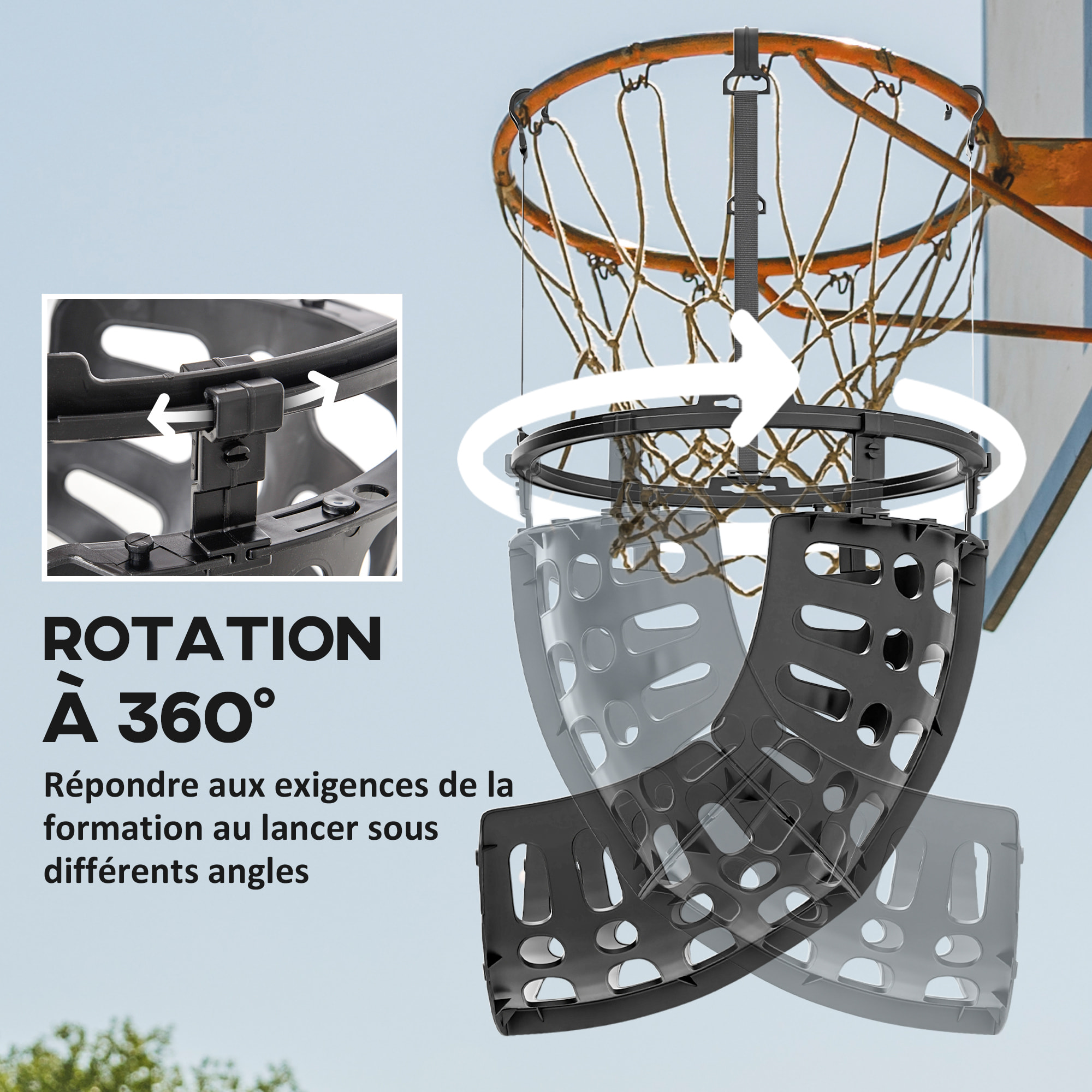 Retour de ballon de basket-ball - rotation 360°, hauteur réglable, crochets amovibles - noir