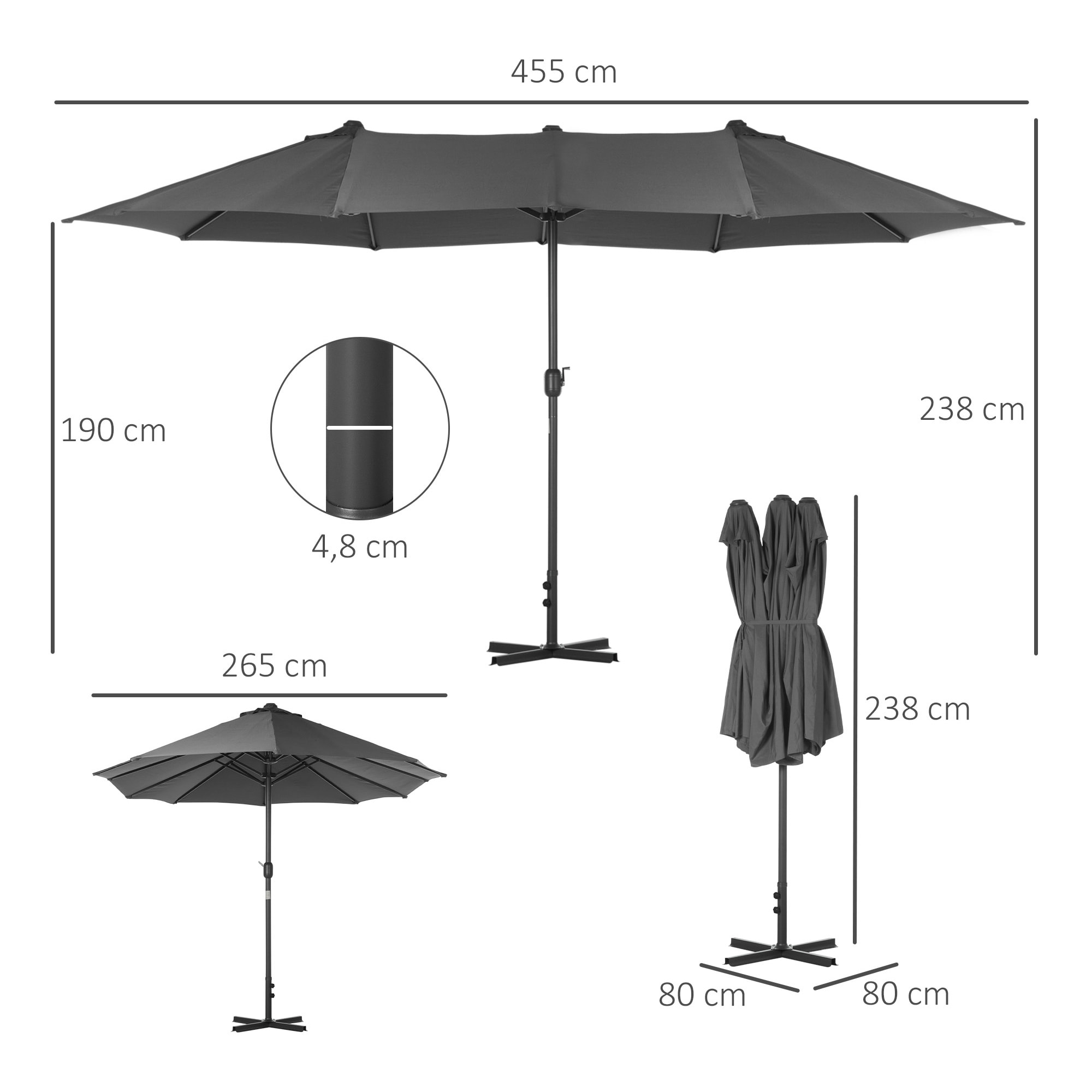 Sombrilla Doble 4,55x2,65 m Sombrilla Terraza Exterior con Manivela Manual Resistente al Agua y Protección Solar Sombrilla Grande para Terraza Playa Piscina Gris