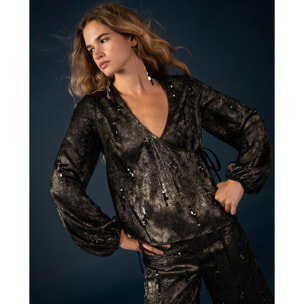 Blusa bordada de lentejuelas con cierre cruzado de mujer