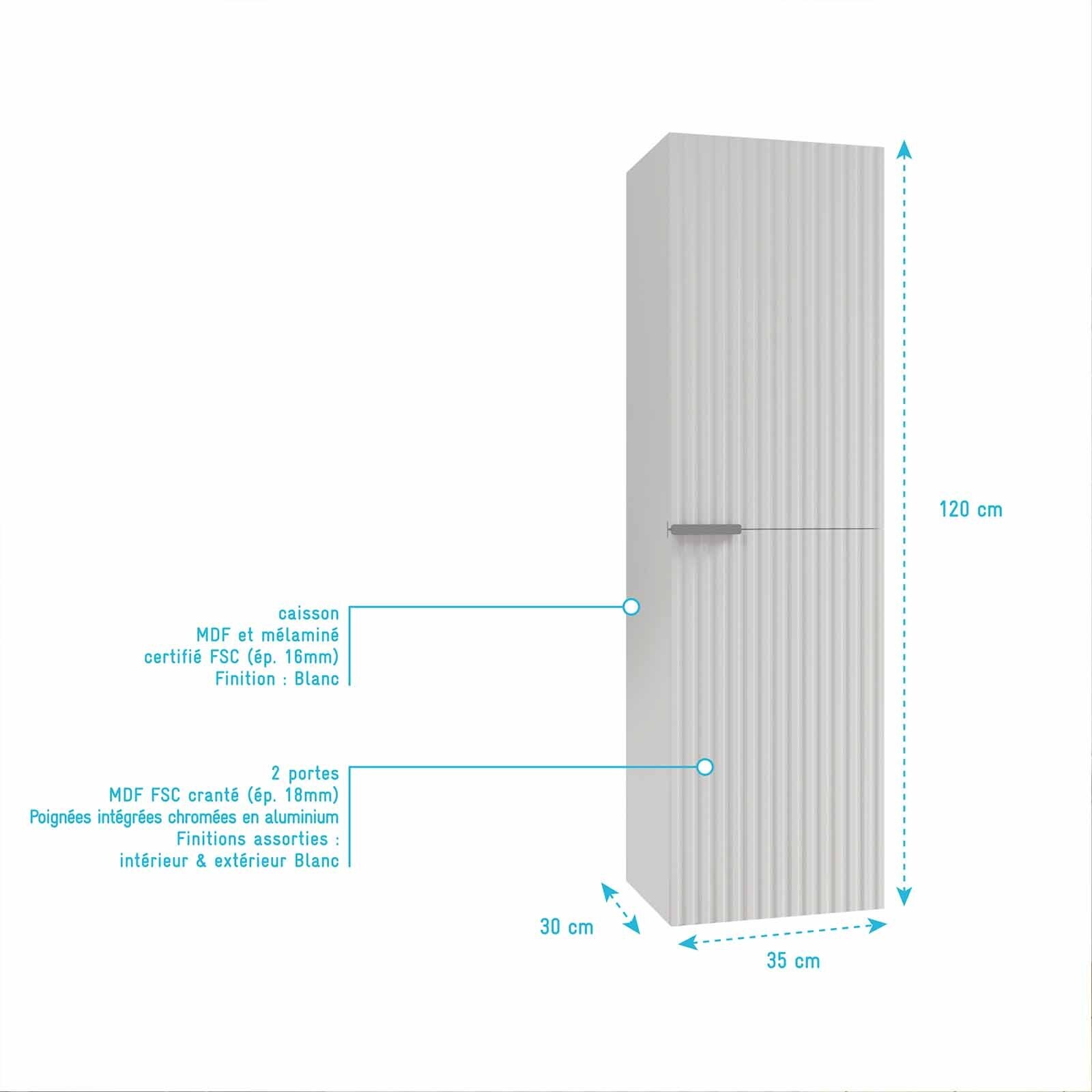Colonne Façade Ondulee 35x30x120 cm - 2 Portes en MDF Blanc - MILO