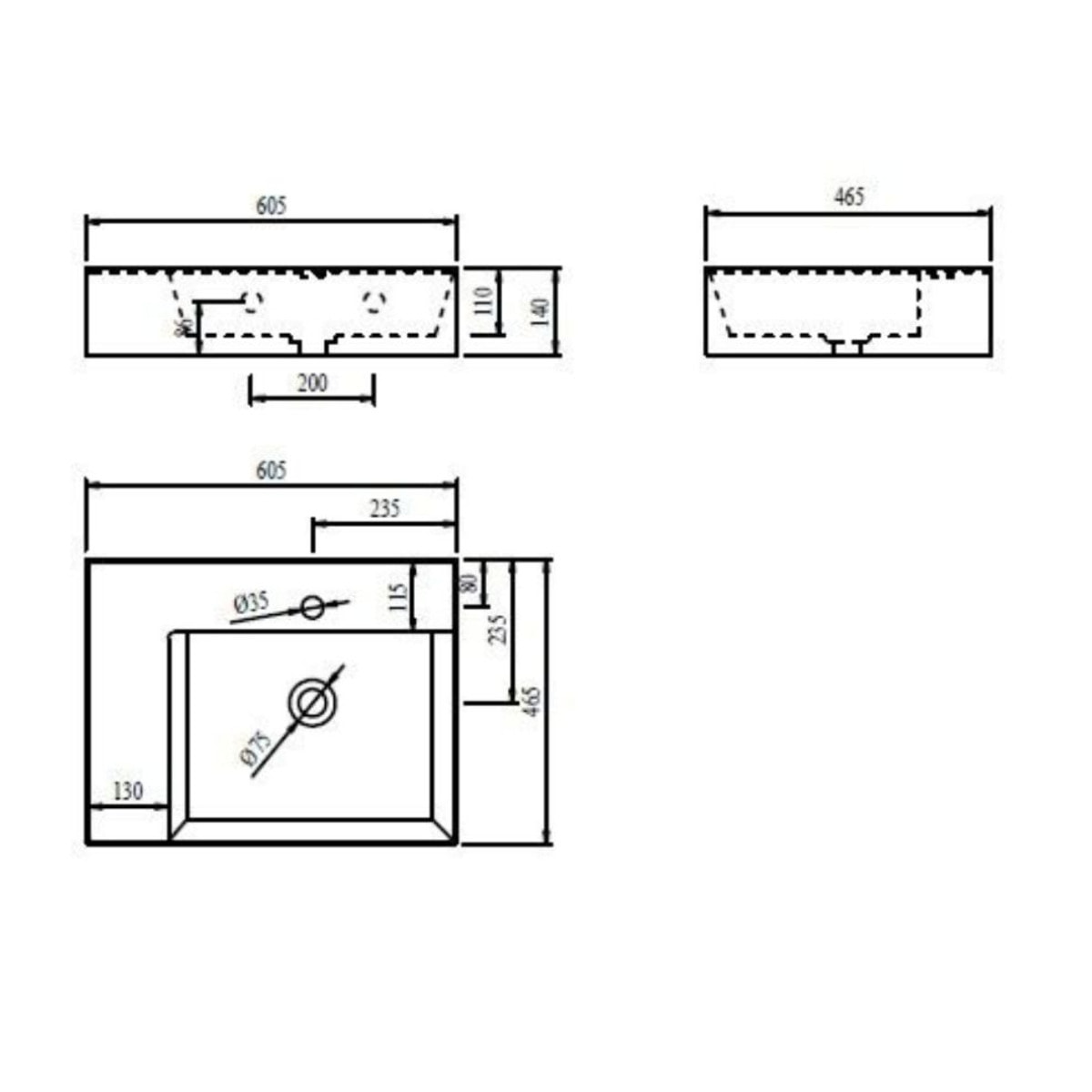 Lavabo SAT Cube Way 60x46 cm avec trou pour robinet au centre (SATCW6046L)