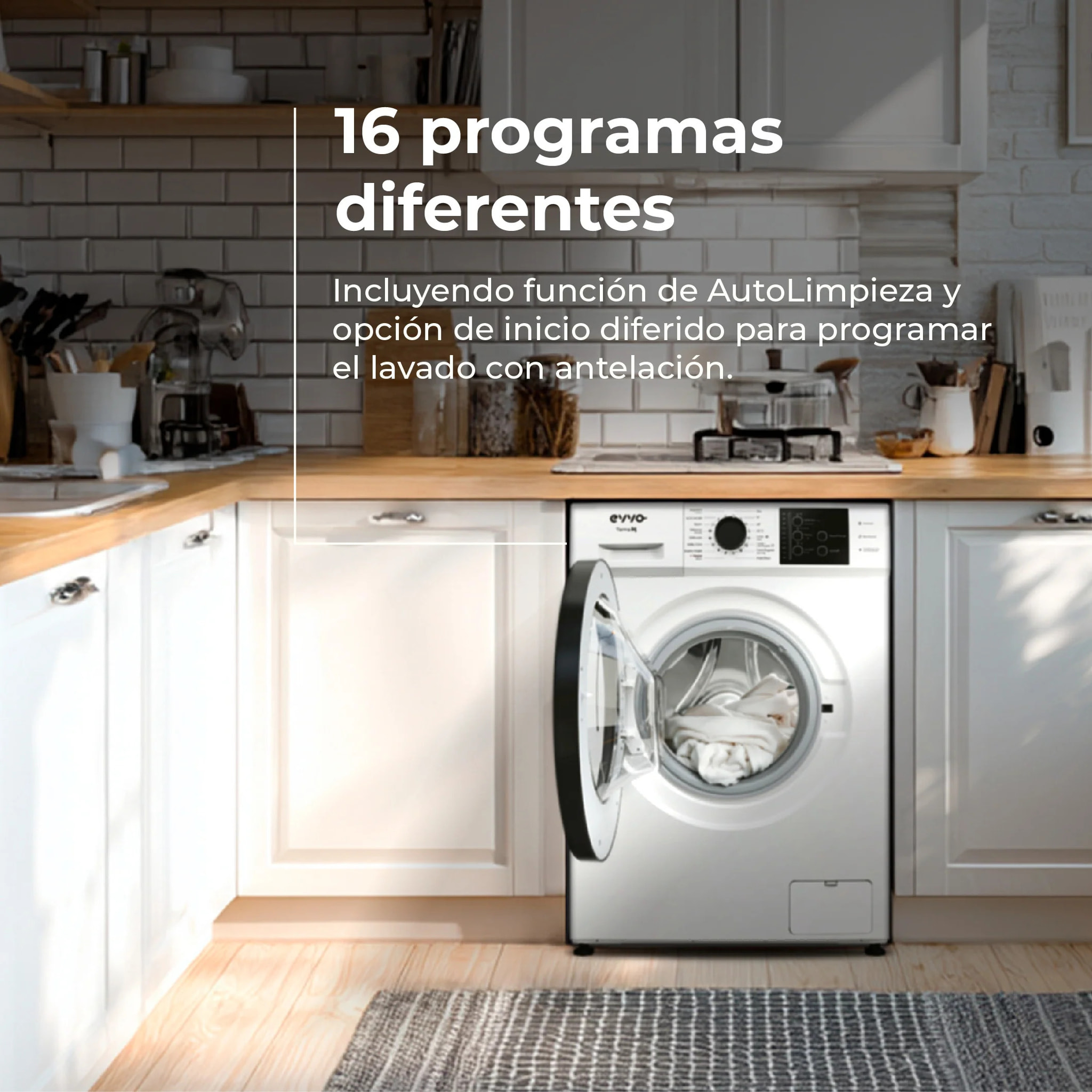 EVVO Lavadora 6 kg Terra K6, 1000 rpm, Clase A, 15 programas, vapor Steam Wash, lavado rápido 15', inicio diferido, blanca