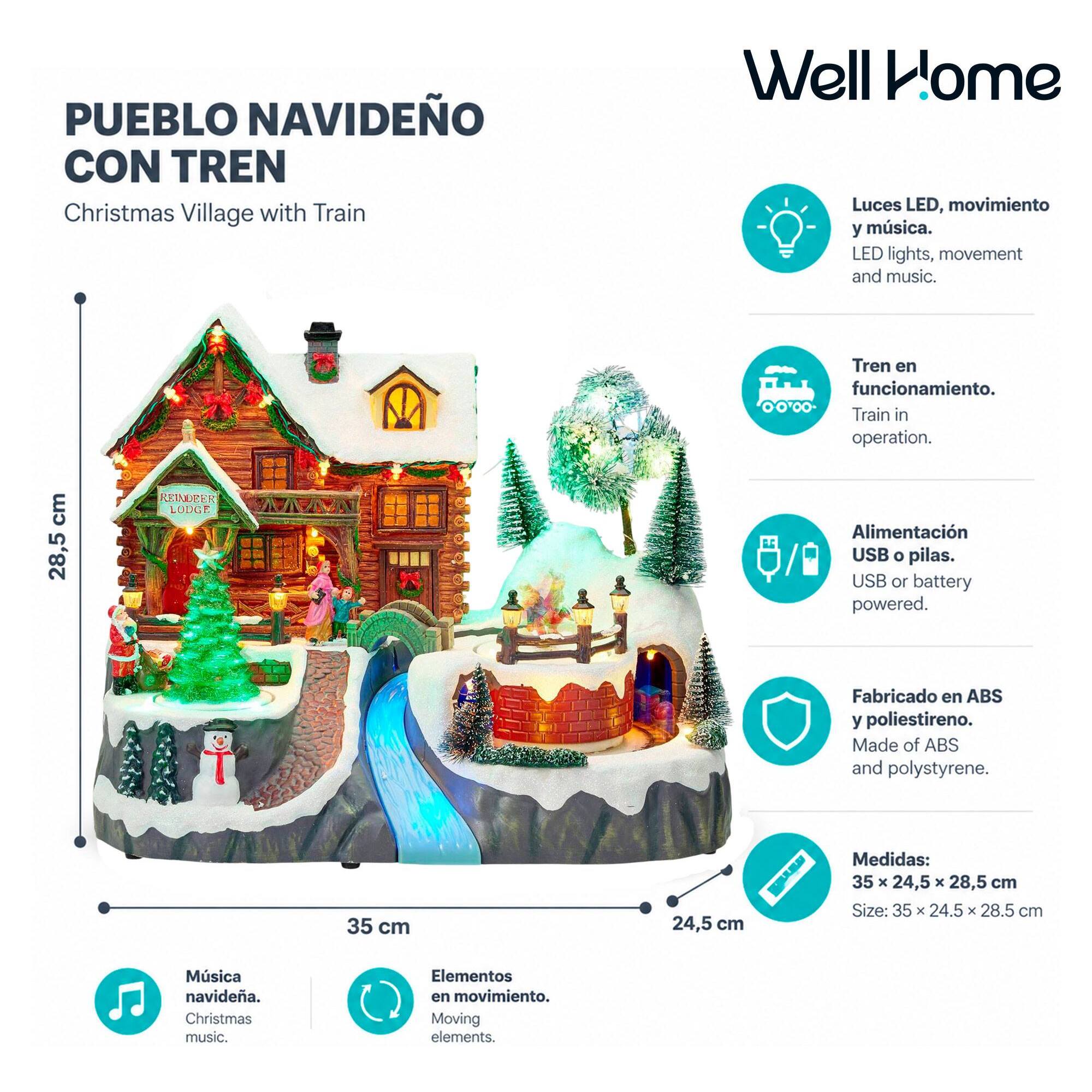 Pueblo navideño con tren, luces led, movimiento y música, usb o pilas 35x24,5x28,5 cm