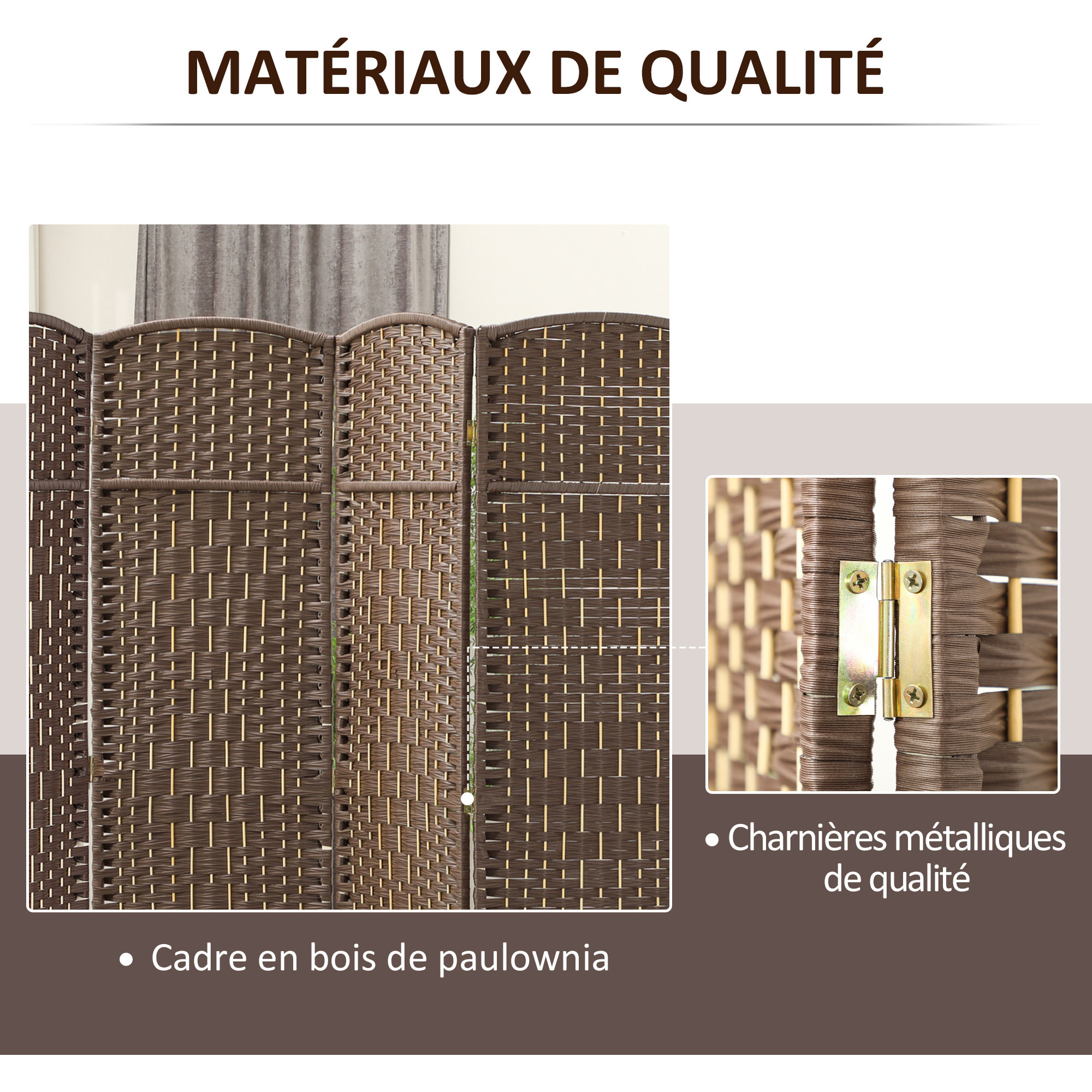 Paravent intérieur en bois 4 panneaux 180 x 180 cm séparateur de pièce pliable bois marron