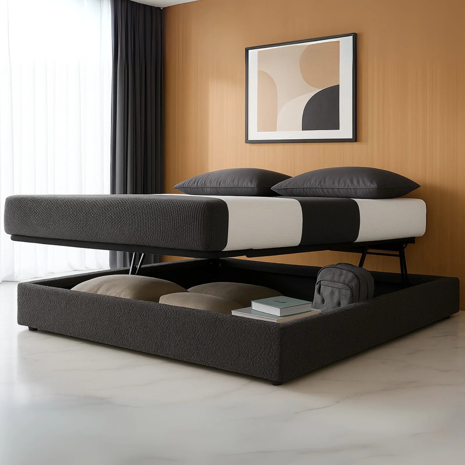 Lit coffre Parallèle | 3 Positions : Stocker, Faire Le lit, Repos | Espace de stockage jusqu'à 900 L | Bouclette | Gris clair