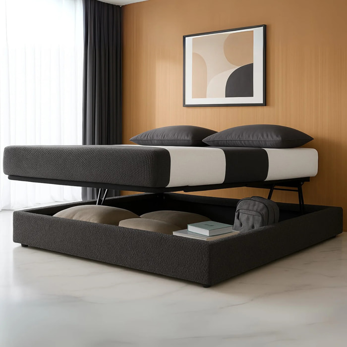 Lit coffre Parallèle | 3 Positions : Stocker, Faire Le lit, Repos | Espace de stockage jusqu'à 900 L | Bouclette | Gris clair