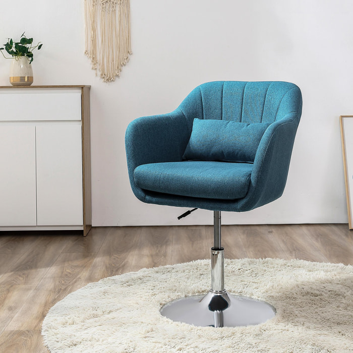 Fauteuil lounge design grand confort coussins lombaires hauteur réglable pivotant 360° piètement métal chromé lin bleu canard