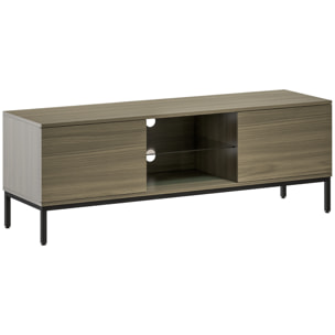 Meuble TV banc TV 2 portes étagère verre 140x40x49cm piètement acier noir effet bois gris