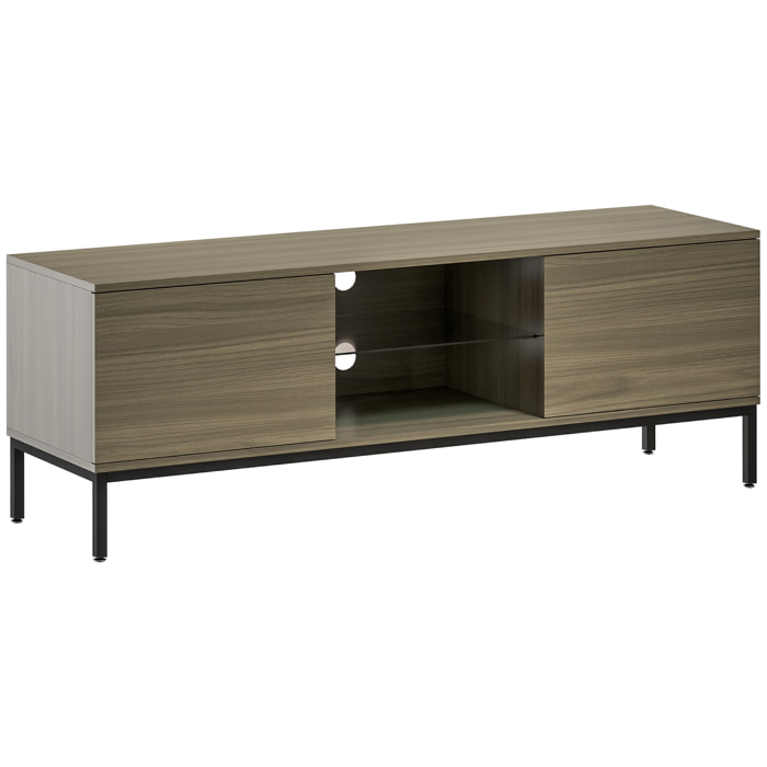 Meuble TV banc TV 2 portes étagère verre 140x40x49cm piètement acier noir effet bois gris